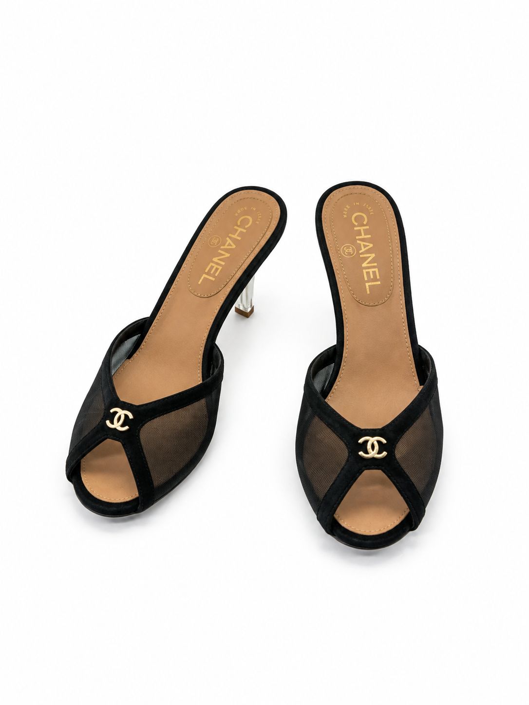 Chanel Mesh & Suede Peep-Toe Mules