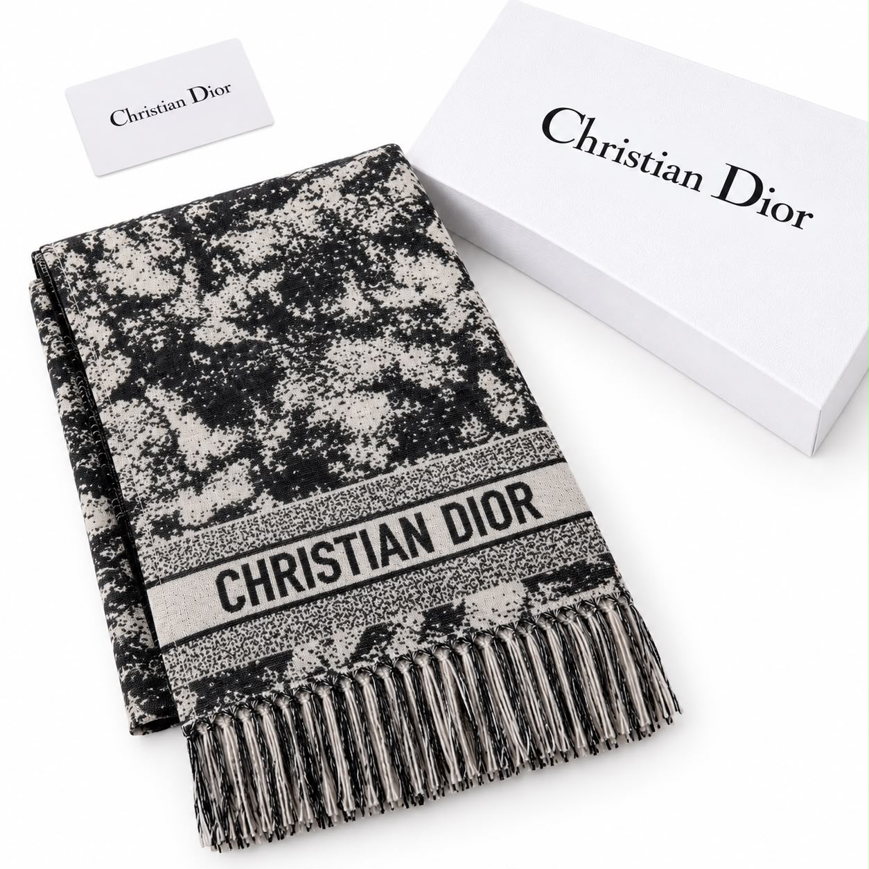 Christian Dior Black & White Toile De Jouy Fringe Scarf