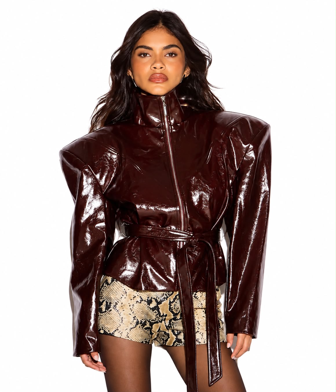 Burgundy Patent Leather Belted Jacket
