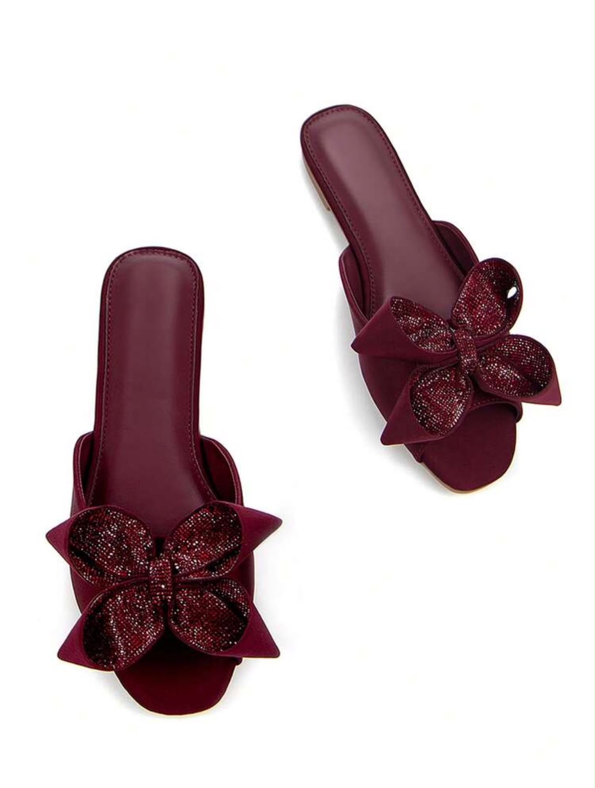 Satin Floral Bow Flat Slide Sandals with Crystal Embellished Flower