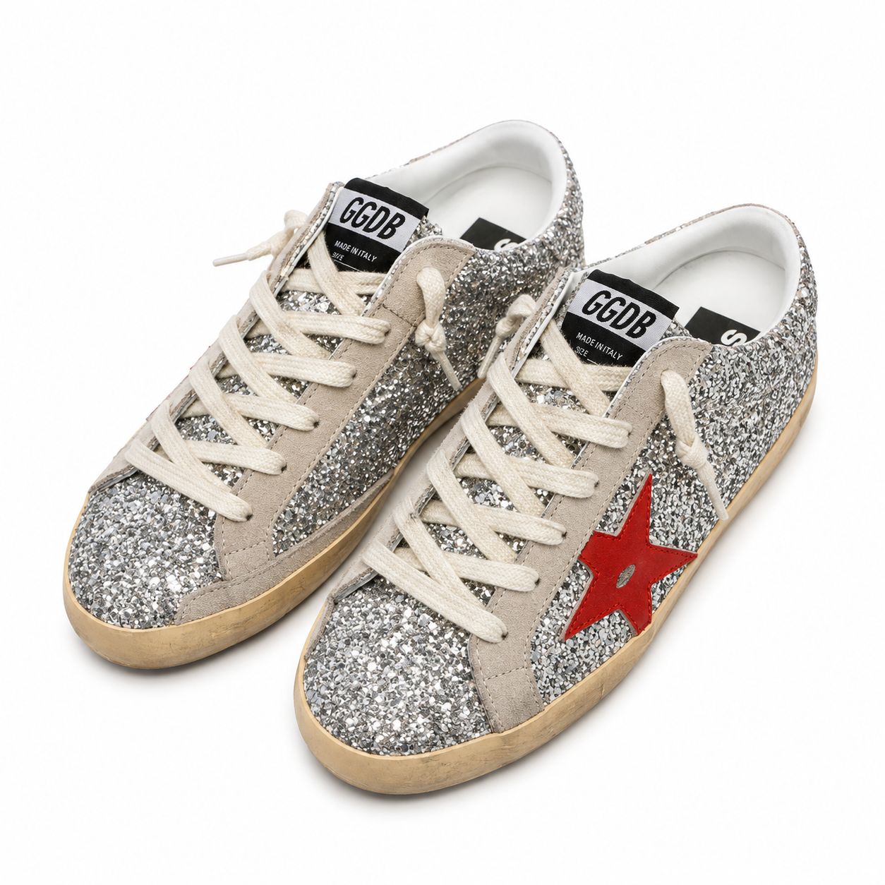 Golden Goose Super-Star in Silver Glitter with Red Glitter Star