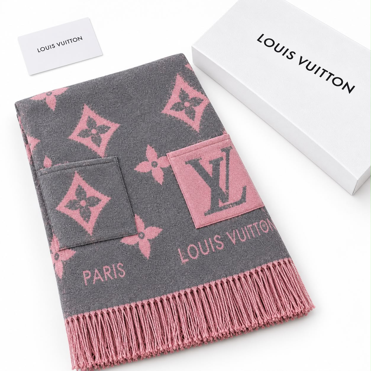 Louis Vuitton Grey&Pink Monogram Scarf with Pockets and Fringe