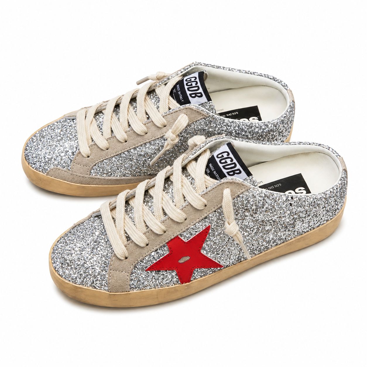 Golden Goose Super-Star in Silver Glitter with Red Glitter Star