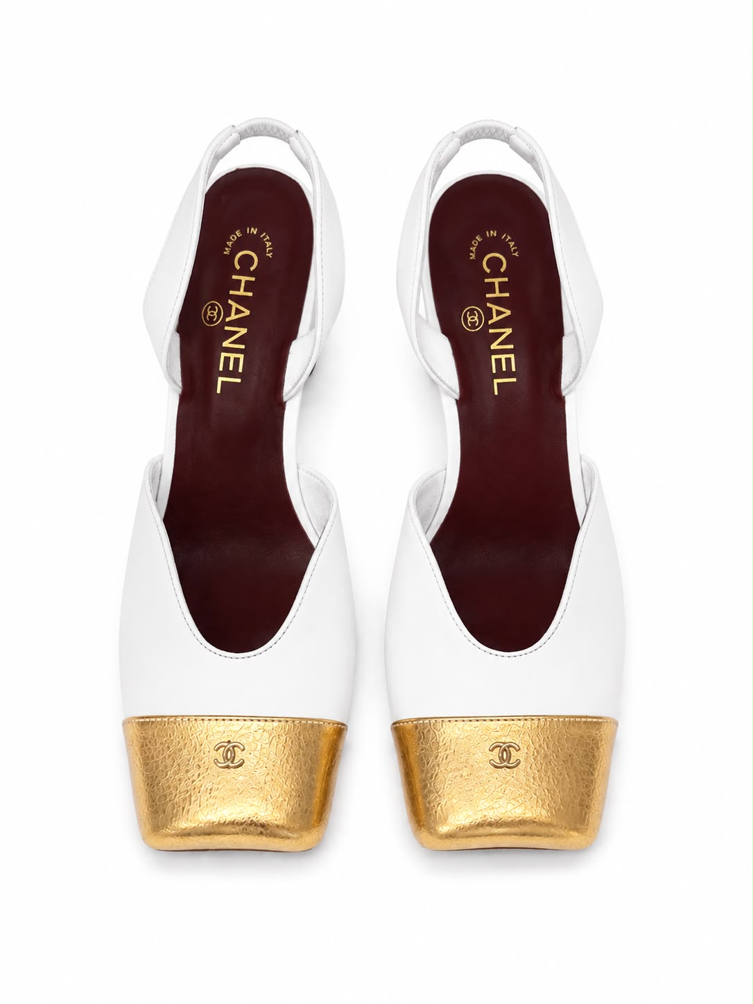 CHANEL white slingback pump with a metallic gold cap toe