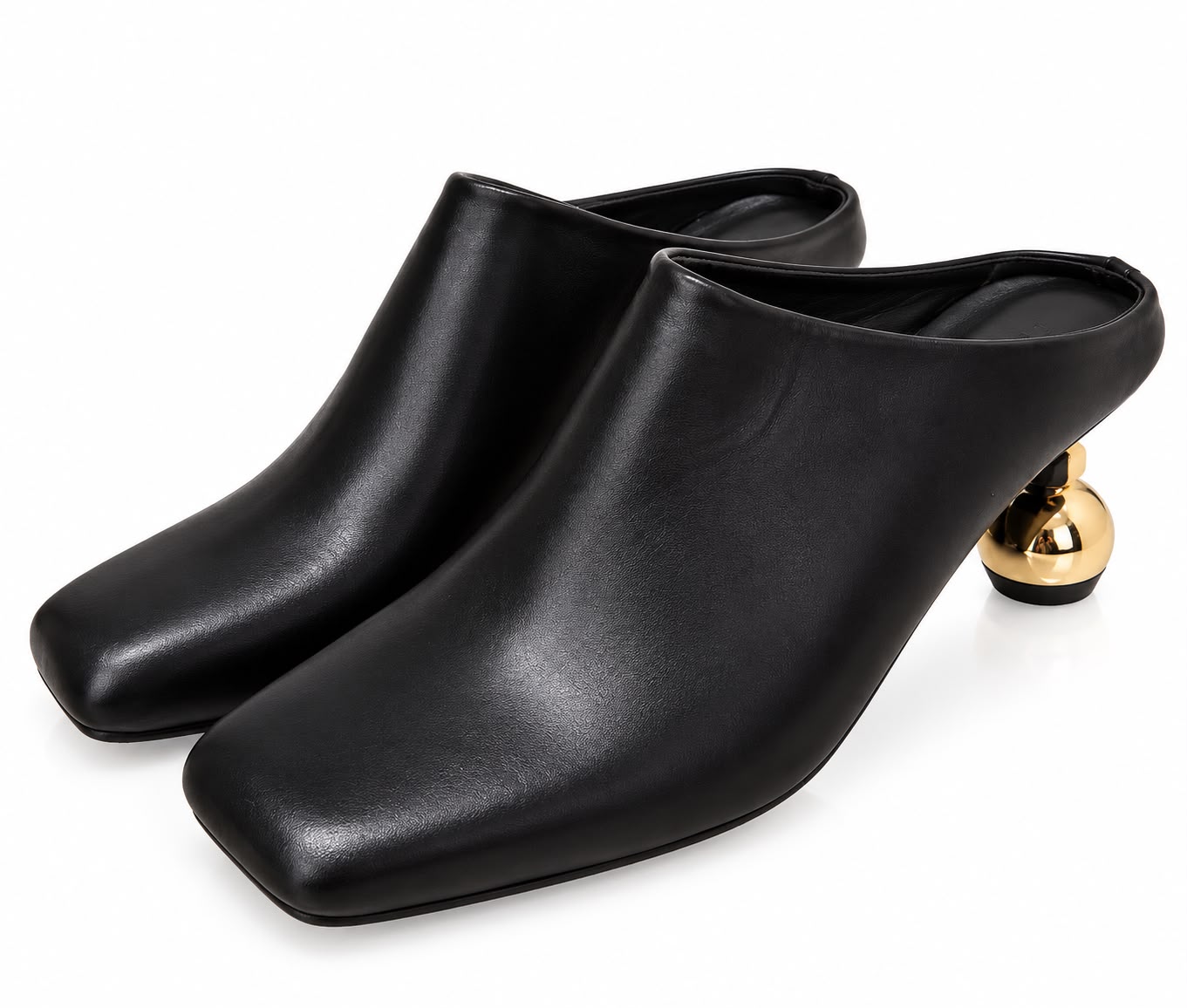 Black Leather Mules With Gold Orb