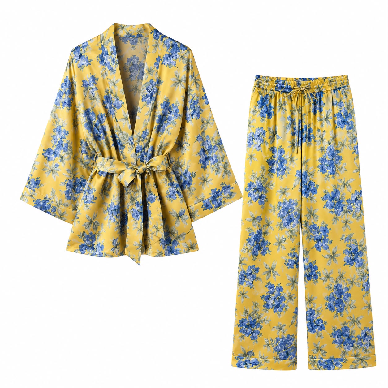 Women's Floral Satin Pajama Set with Kimono Robe and Wide-Leg Pants.