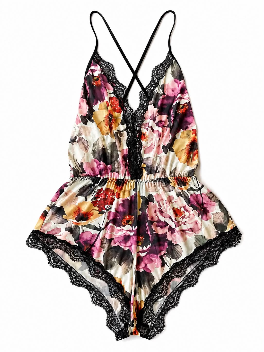 Women's Floral Satin Lace Teddy Bodysuit (Lingerie Romper)