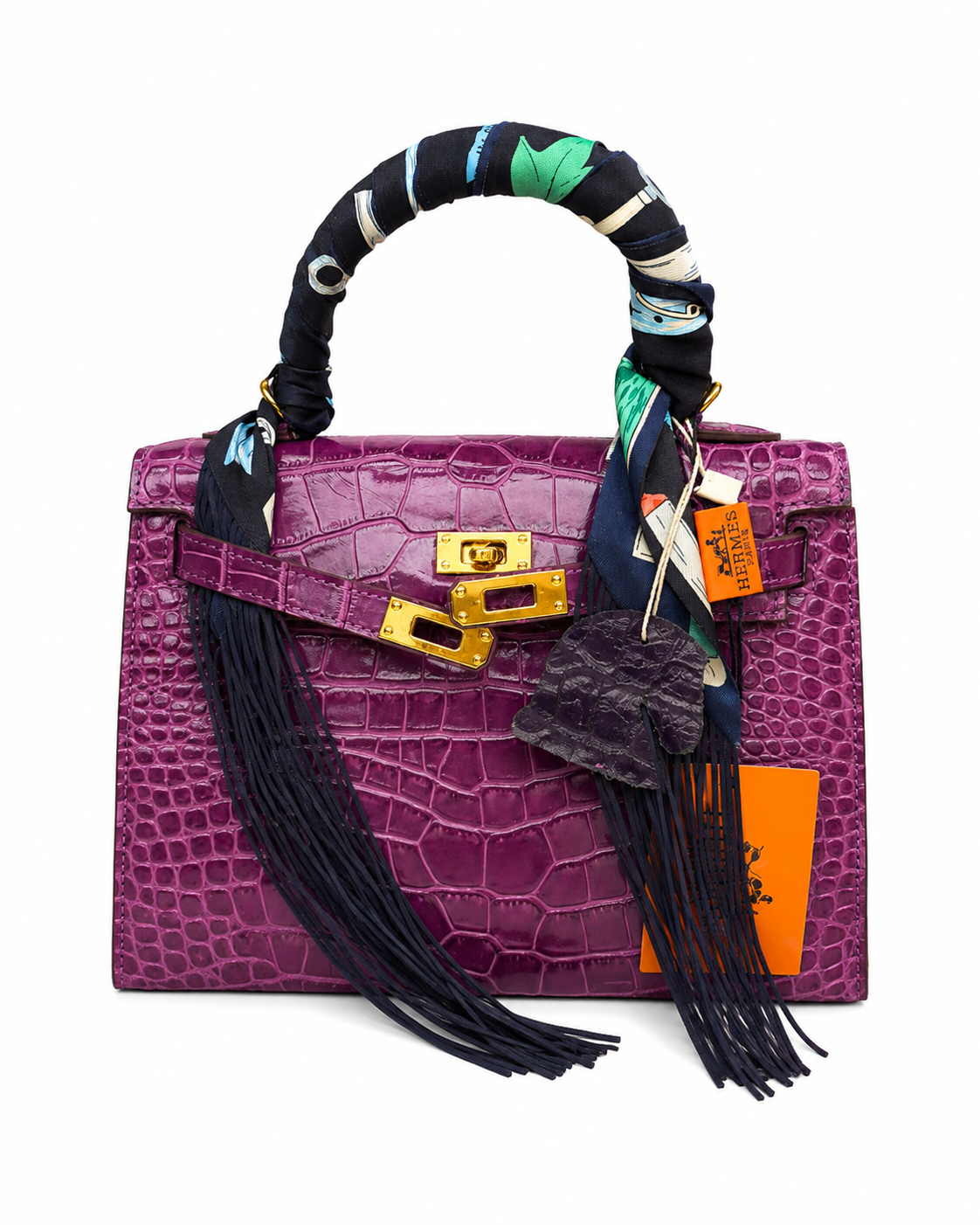 Hermès Kelly Crocodile Bag in Purple with Gold Hardware & Silk Scarf