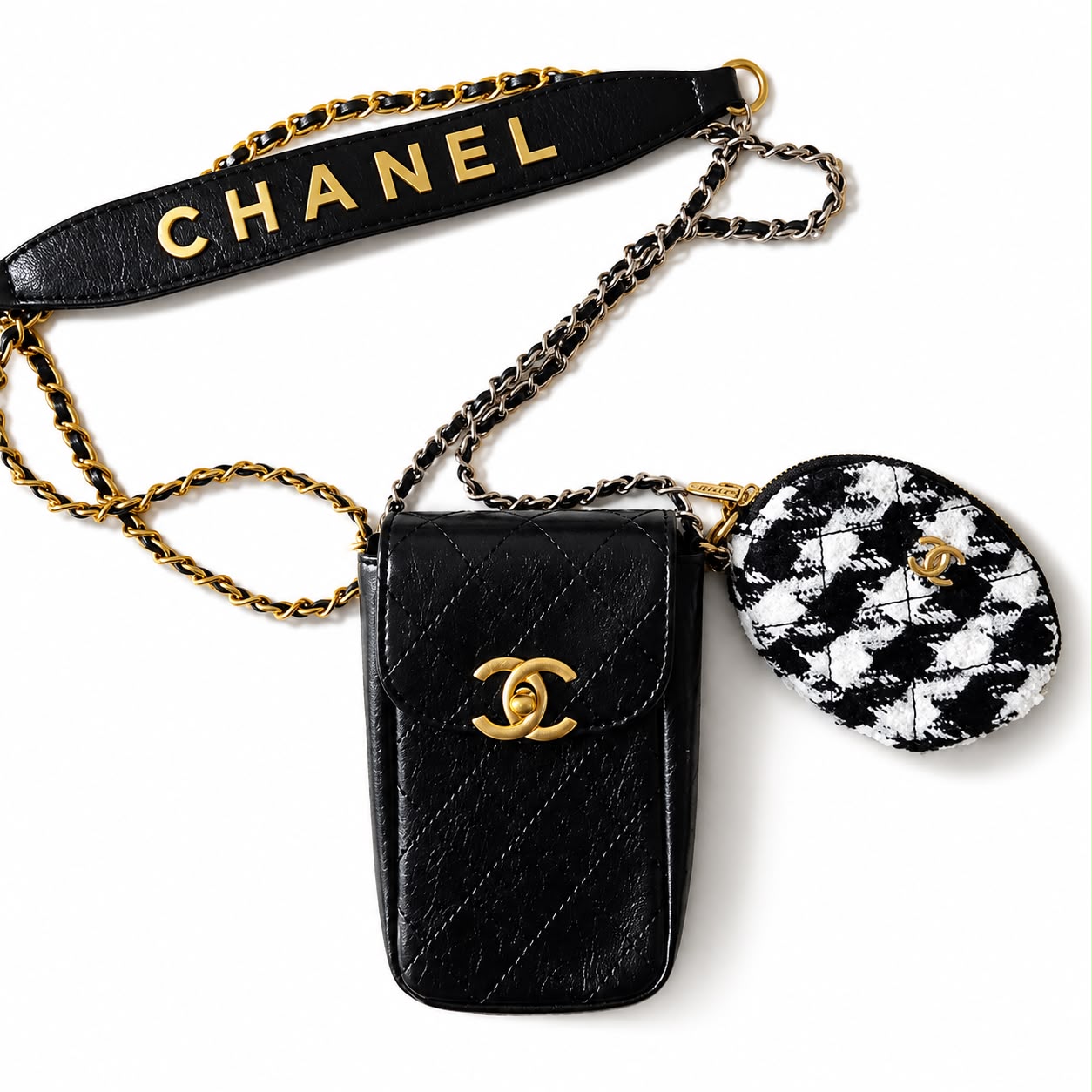 CHANEL mini phone holder/crossbody set with a matching round coin purse