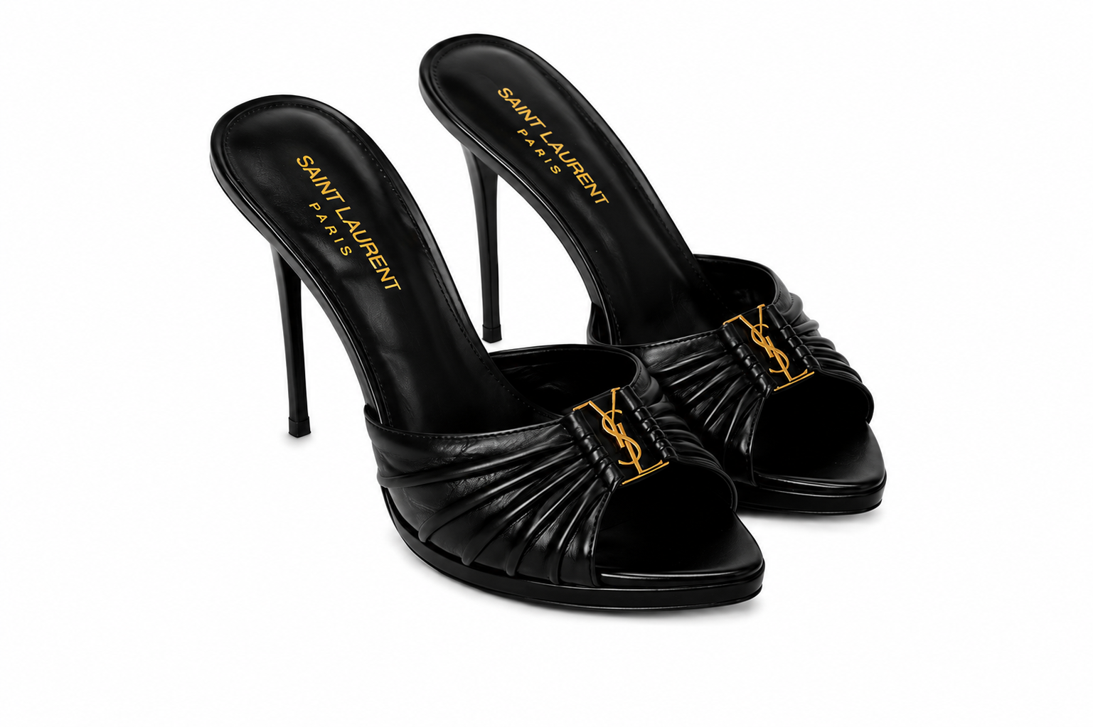 Saint Laurent Black Ruched Leather Mule Heels