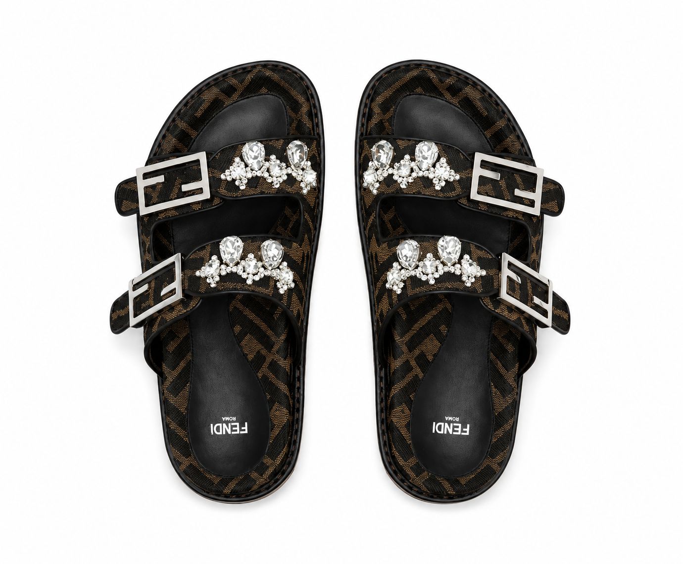 Fendi First Crystal-Embellished Slide Sandal - Tobacco Black