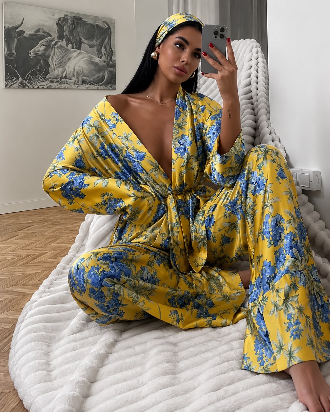 Women's Floral Satin Pajama Set with Kimono Robe and Wide-Leg Pants.