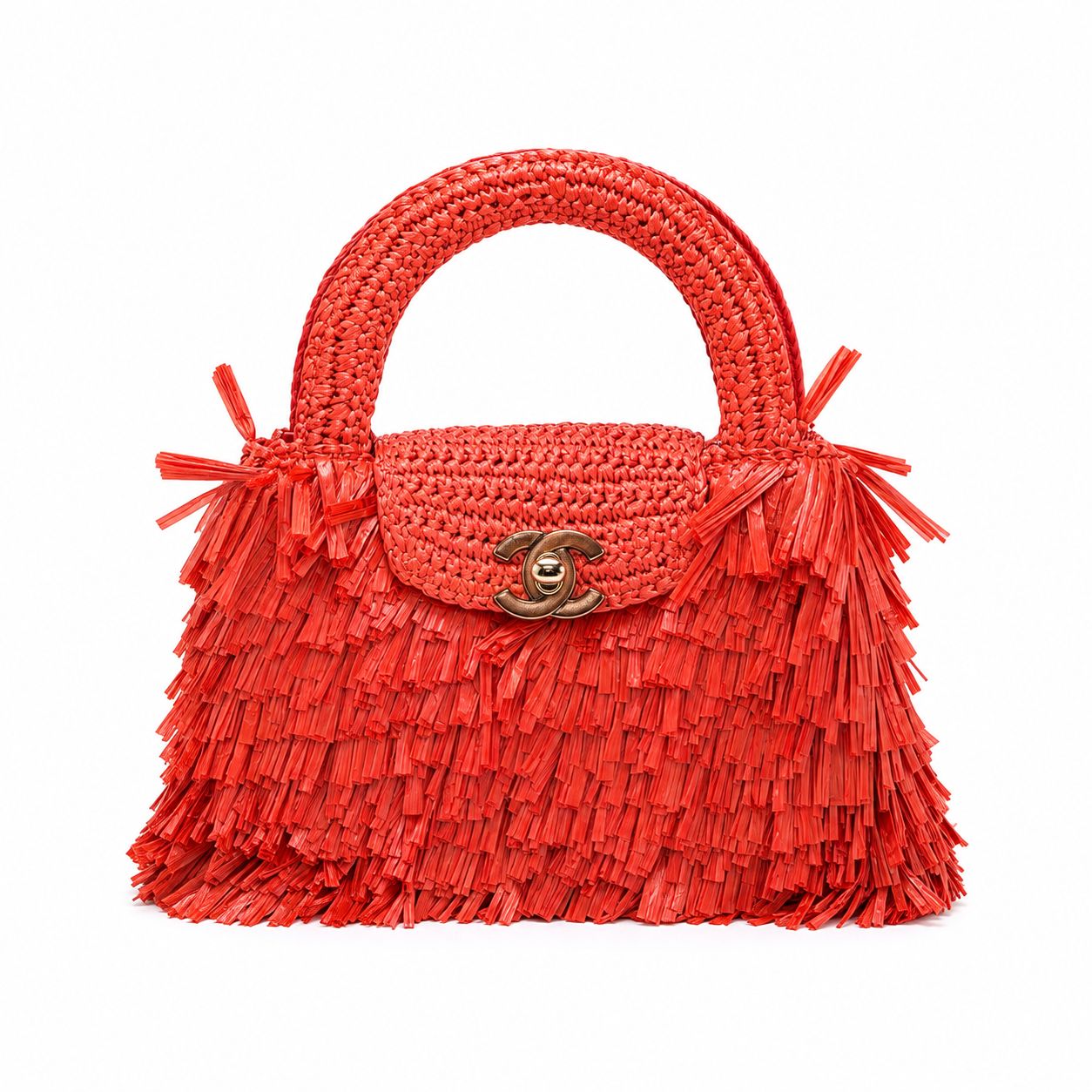 CHANEL Raffia Fringe Top-Handle Bag